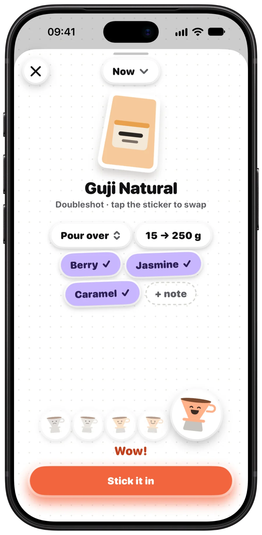 Logging a pour over of Guji Natural, rated Wow, with berry, jasmine and caramel